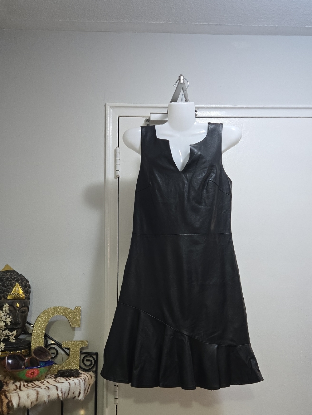 Black Sleeveless Faux-Leather A-Line Dress